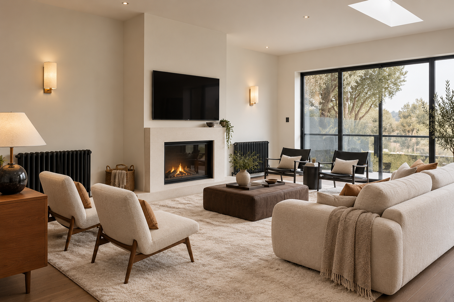 Warm ivory soft rug styled in a bright modern living room