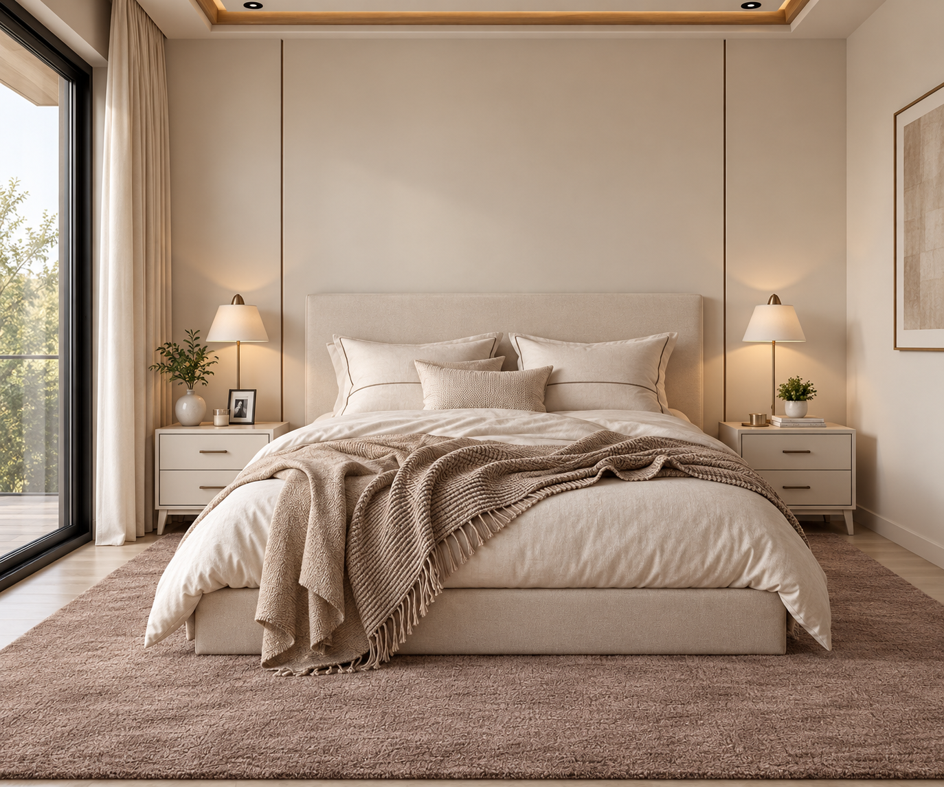 Muted taupe textured soft rug styled in a serene minimalist bedroom
