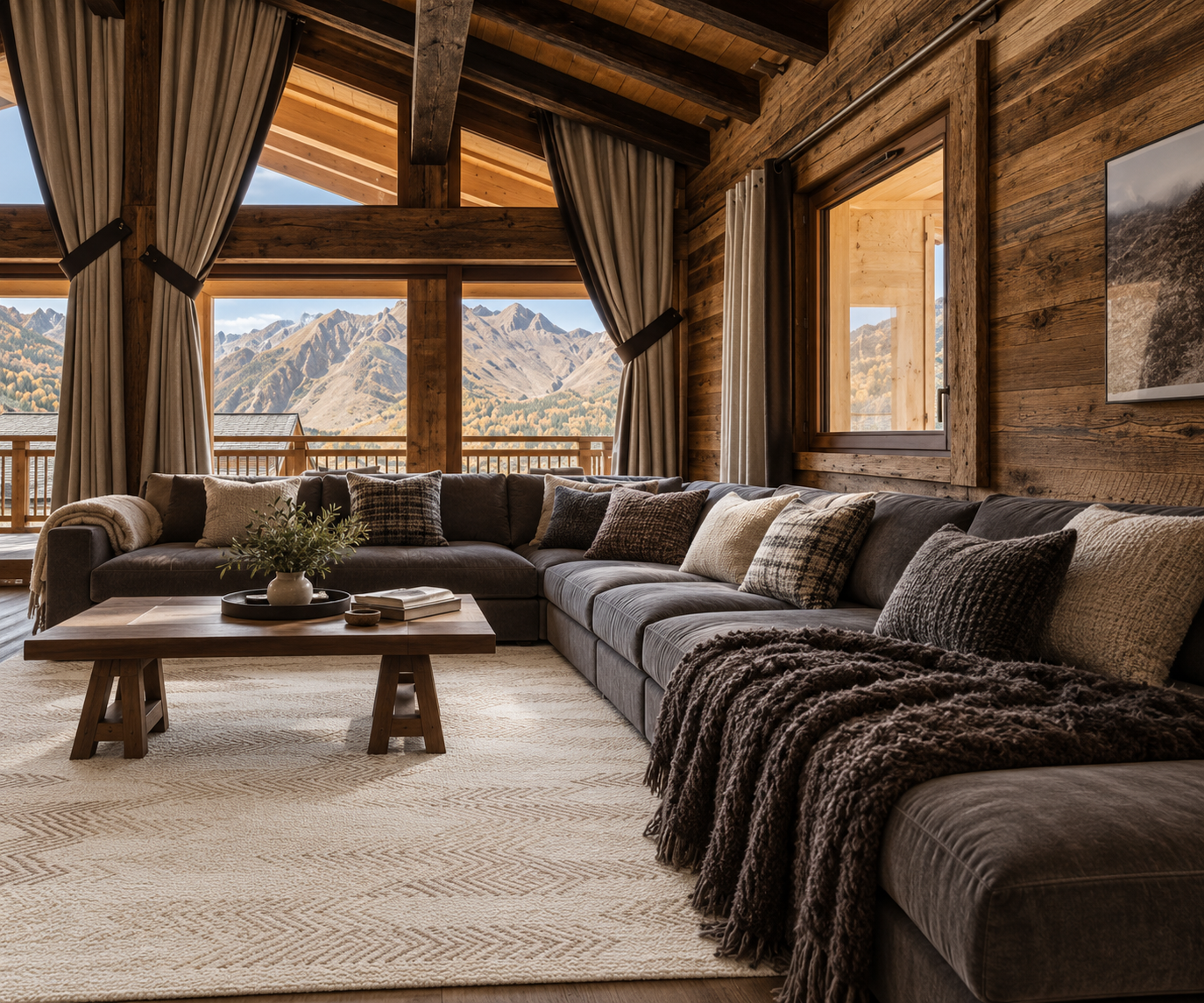 Cream herringbone soft rug styled in a rustic timber chalet living room