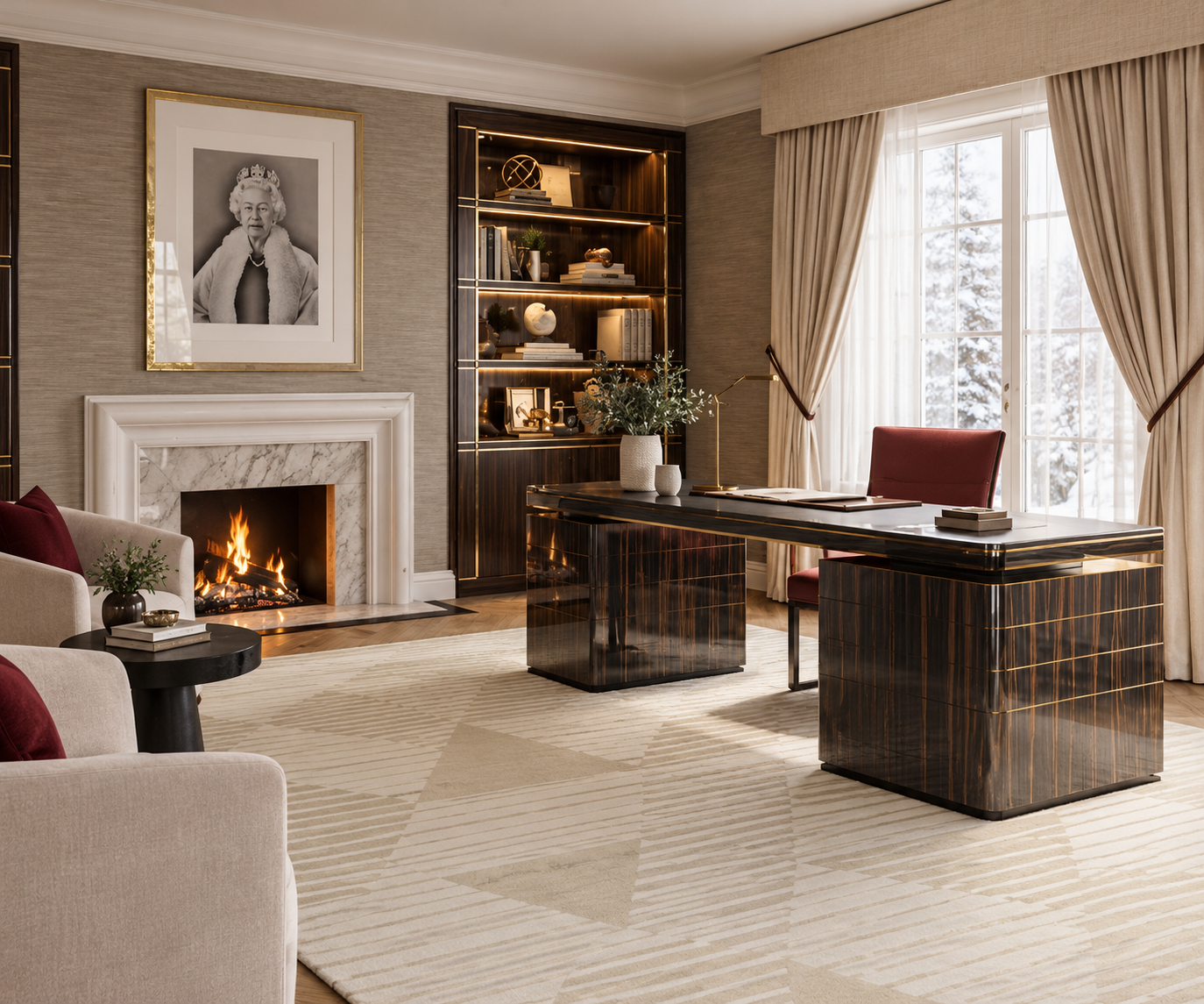 Cream geometric soft rug styled in an elegant study with a marble fireplace