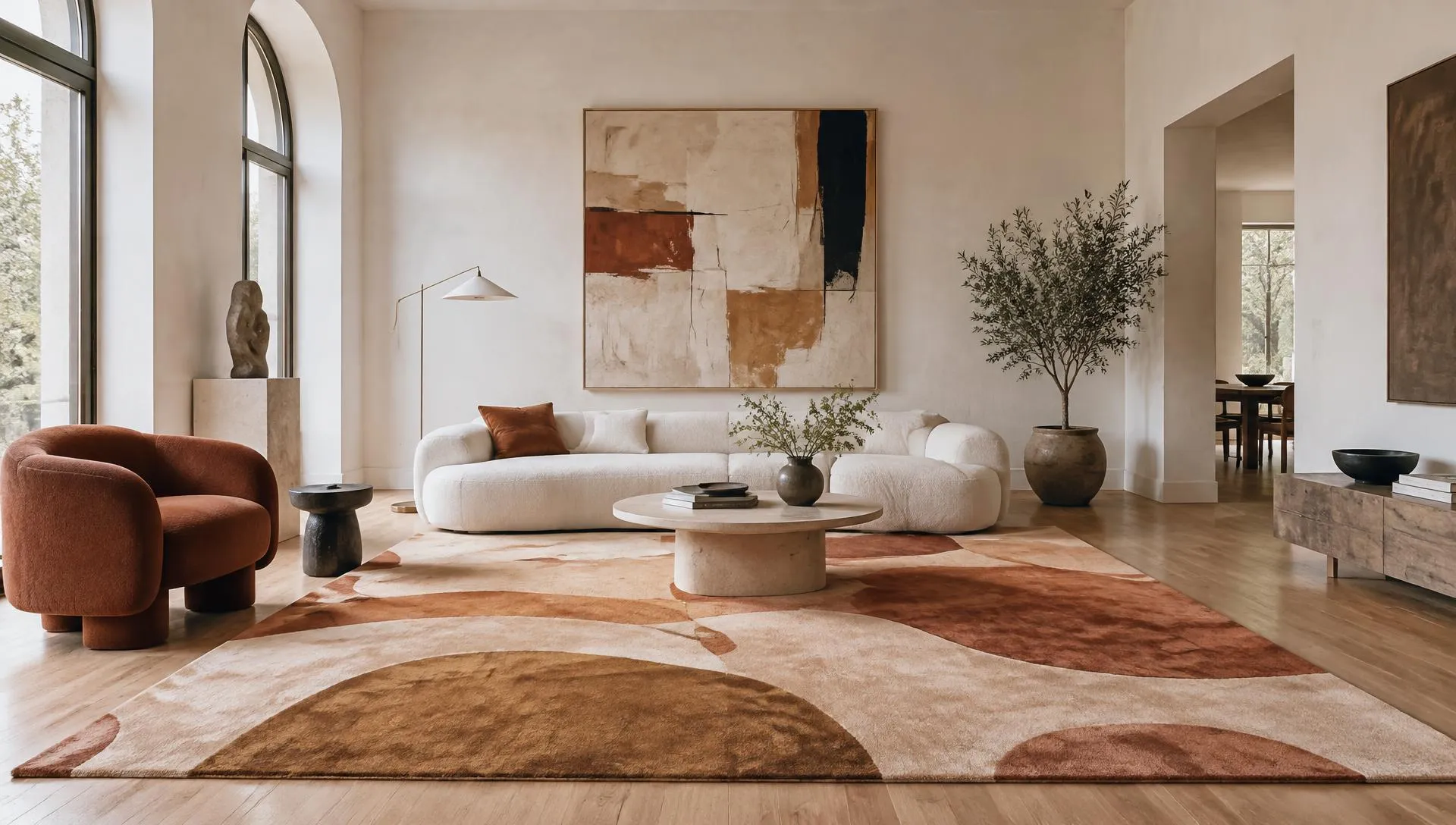 Art rugs styled in a room