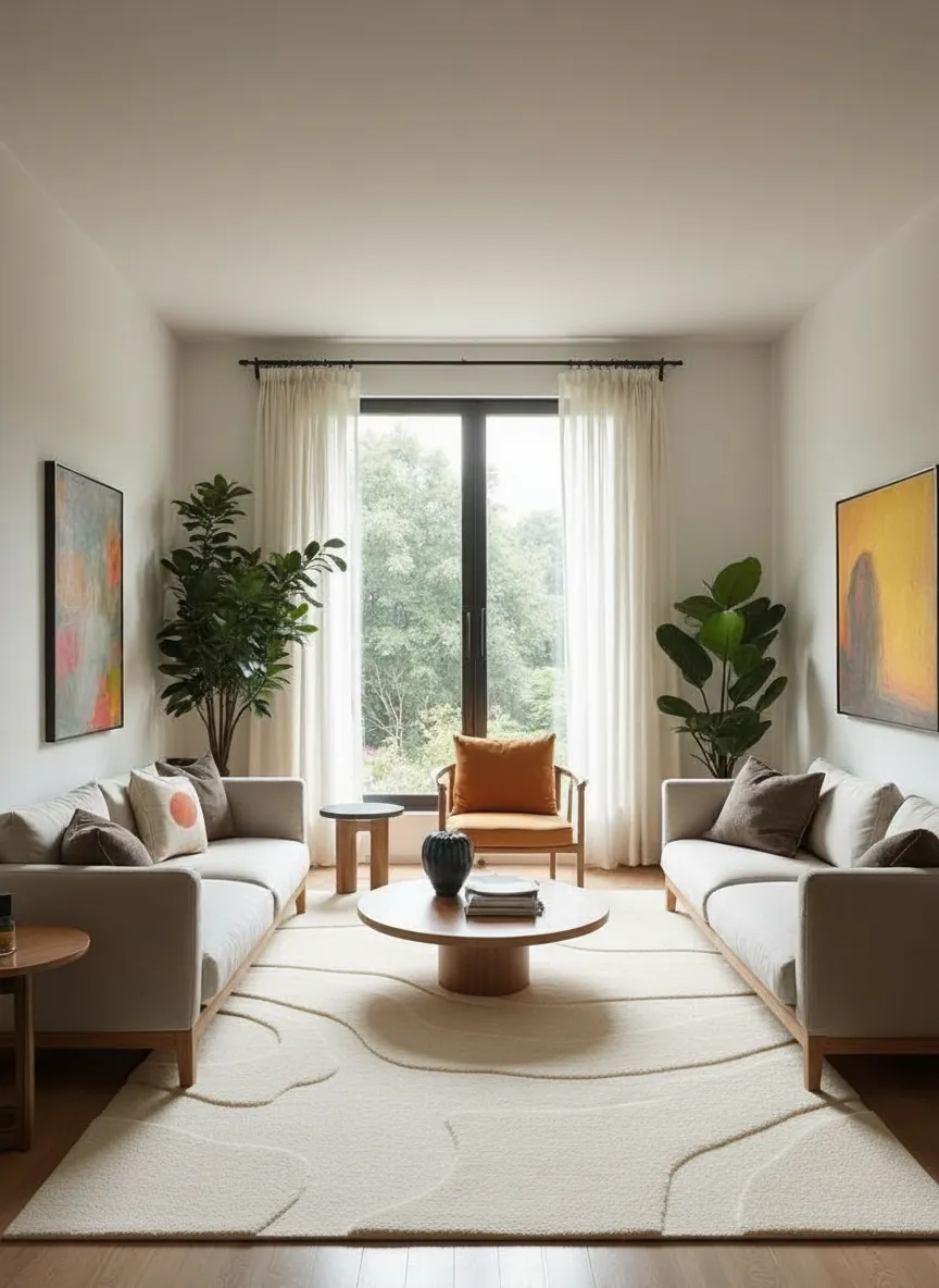 Contemporary living room with a large area rug