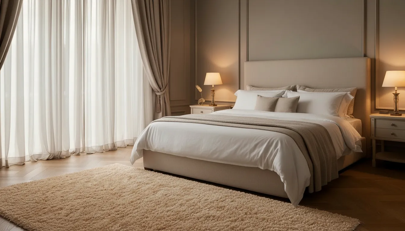Soft neutral rug layered in a calm master bedroom
