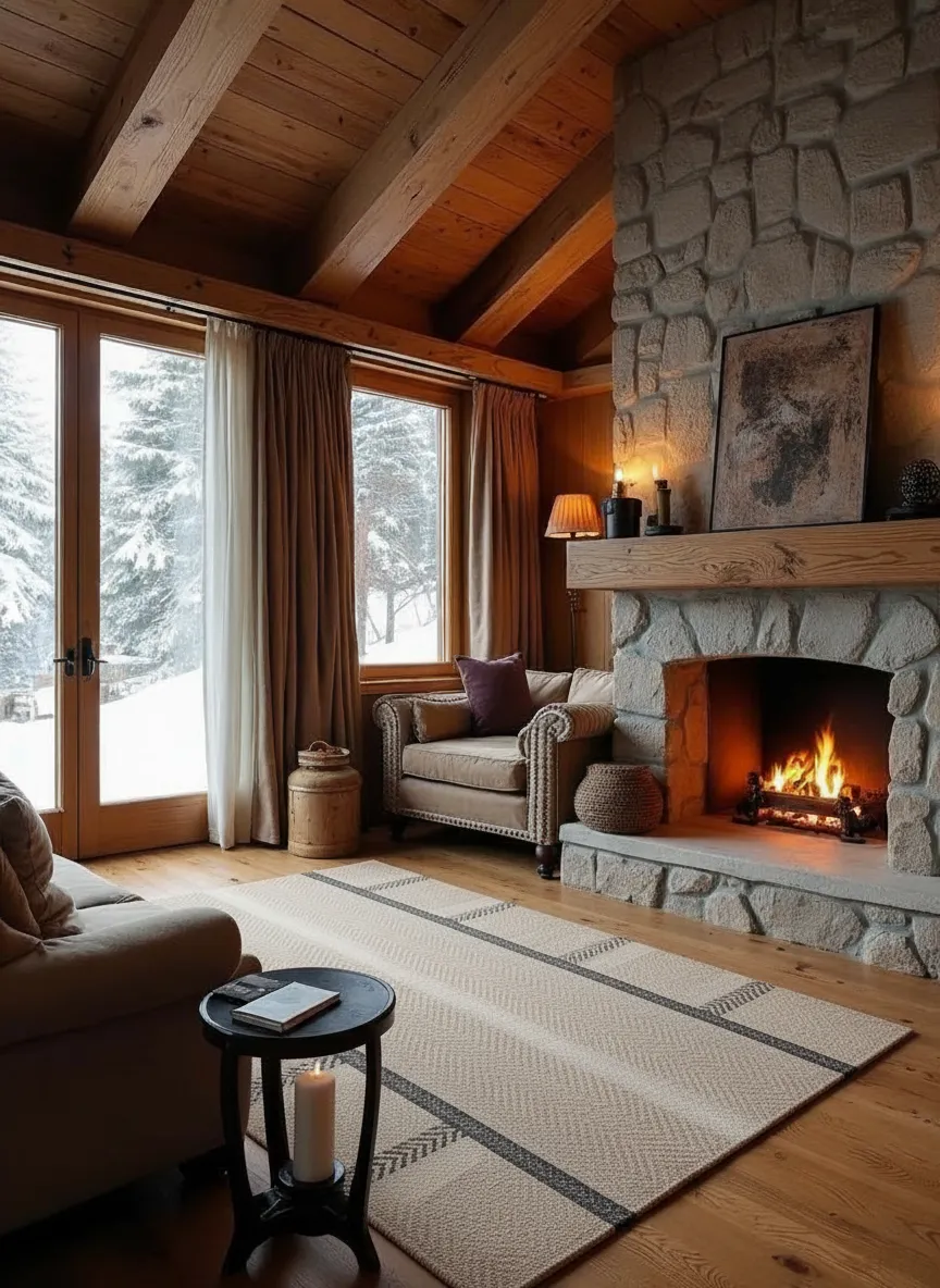 Ski chalet interior with a deep pile shaggy rug